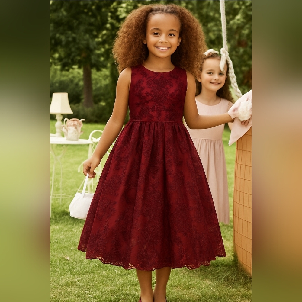 Chasing fireflies Red Burgundy scroll metallic embroidery Holiday dress 14